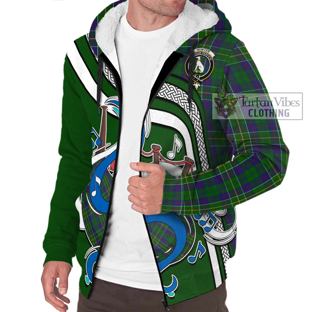 Hunter of Hunterston Tartan Sherpa Hoodie with Epic Bagpipe Style Unisex - Tartanvibesclothing Shop