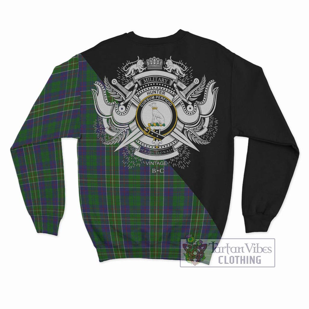 Hunter of Hunterston Tartan Sweatshirt with Family Crest and Military Logo Style - Tartanvibesclothing Shop