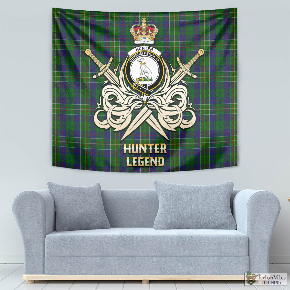 Tartan Vibes Clothing Hunter of Hunterston Tartan Tapestry with Clan Crest and the Golden Sword of Courageous Legacy