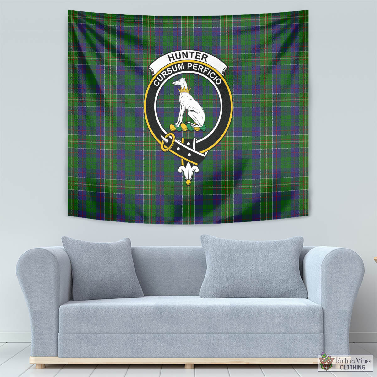 Tartan Vibes Clothing Hunter of Hunterston Tartan Tapestry Wall Hanging and Home Decor for Room with Family Crest