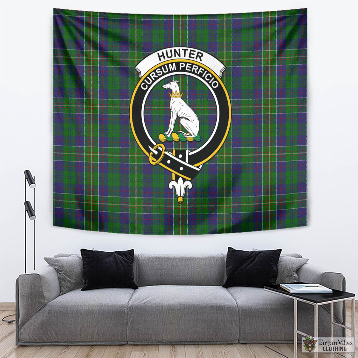 Tartan Vibes Clothing Hunter of Hunterston Tartan Tapestry Wall Hanging and Home Decor for Room with Family Crest