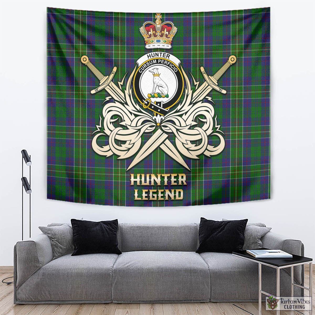 Tartan Vibes Clothing Hunter of Hunterston Tartan Tapestry with Clan Crest and the Golden Sword of Courageous Legacy