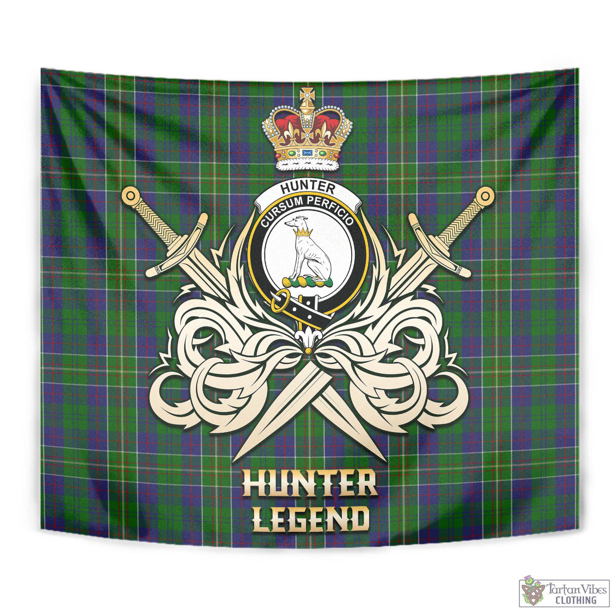 Tartan Vibes Clothing Hunter of Hunterston Tartan Tapestry with Clan Crest and the Golden Sword of Courageous Legacy