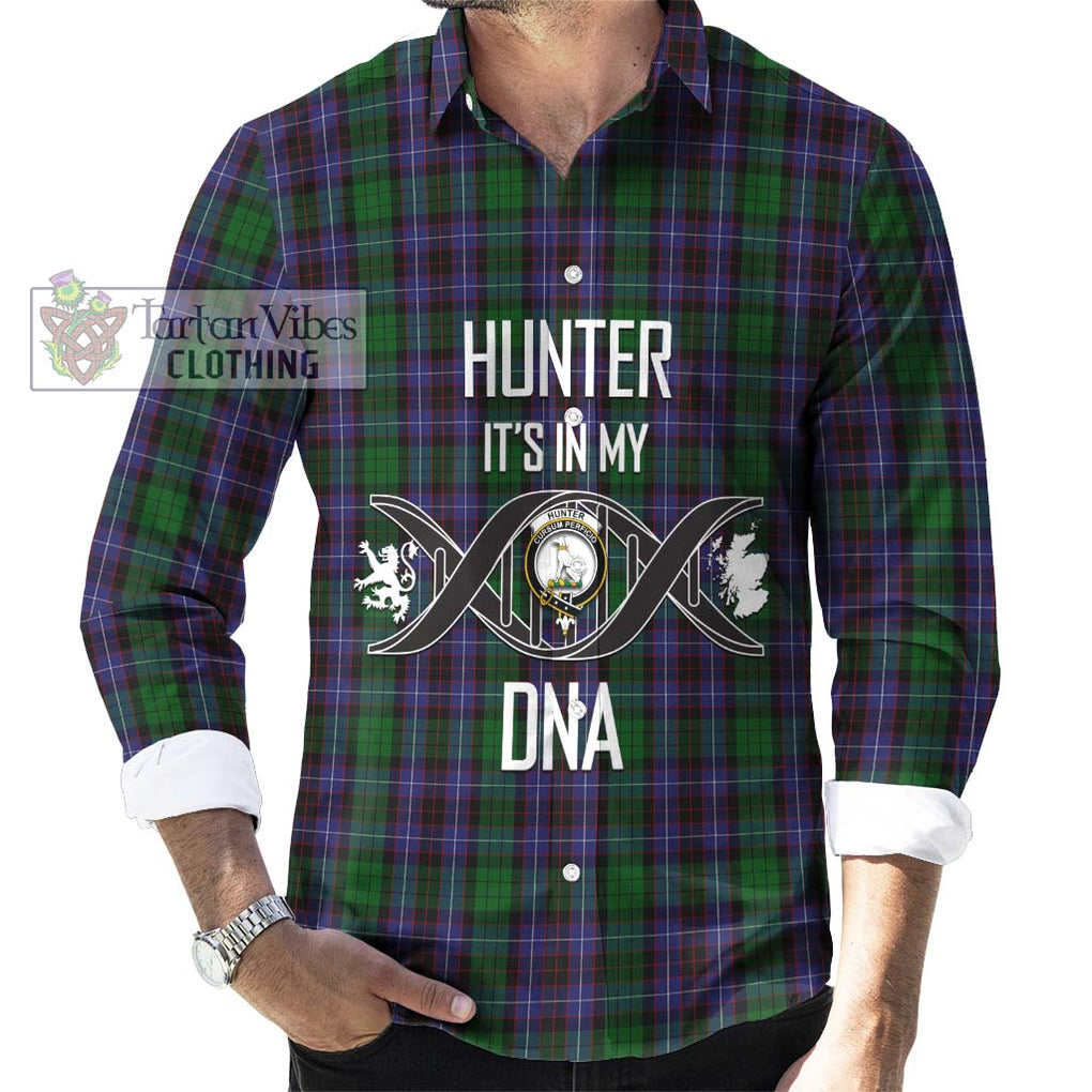 Hunter of Peebleshire Tartan Long Sleeve Button Shirt with Family Crest DNA In Me Style Men's Shirt S - Tartanvibesclothing Shop