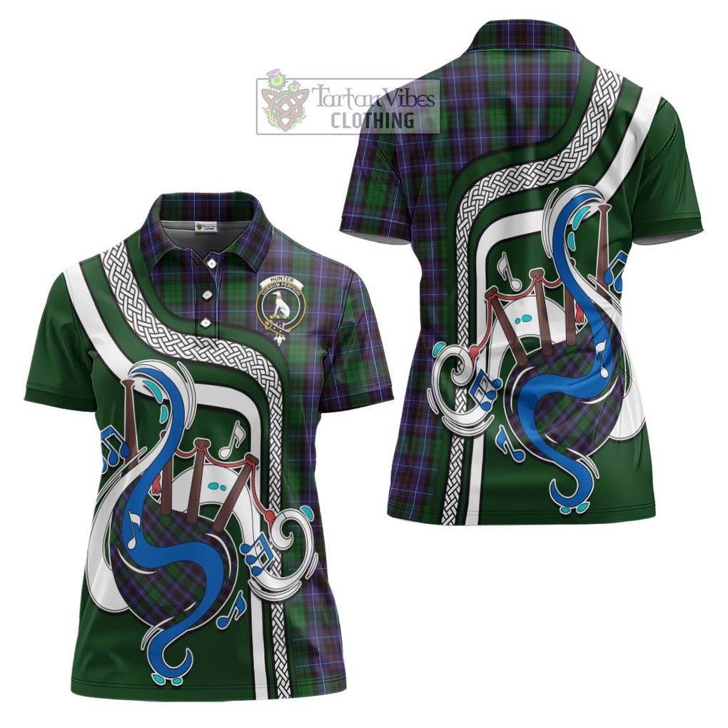 Hunter of Peebleshire Tartan Women's Polo Shirt with Epic Bagpipe Style Women - Tartanvibesclothing Shop