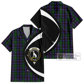 Hunter of Peebleshire Tartan Short Sleeve Button Up with Family Crest Circle Style