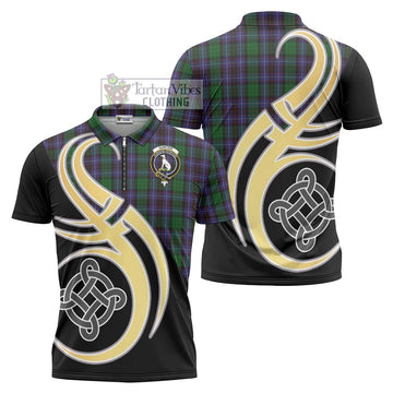 Hunter of Peebleshire Tartan Zipper Polo Shirt with Family Crest and Celtic Symbol Style