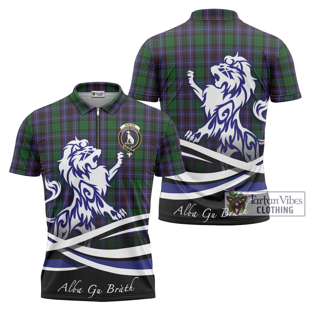 Hunter of Peebleshire Tartan Zipper Polo Shirt with Alba Gu Brath Regal Lion Emblem Unisex - Tartanvibesclothing Shop