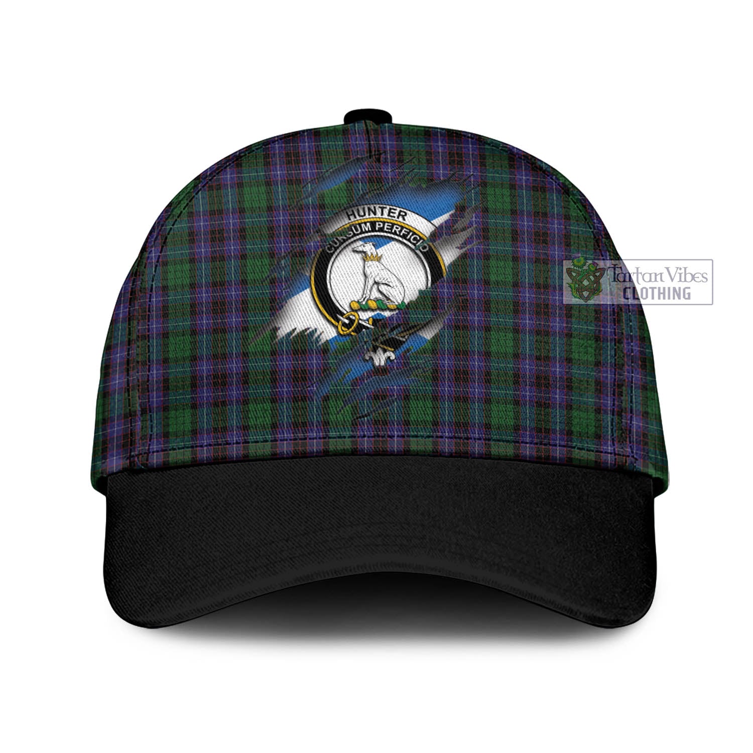 Tartan Vibes Clothing Hunter of Peebleshire Tartan Classic Cap with Family Crest In Me Style