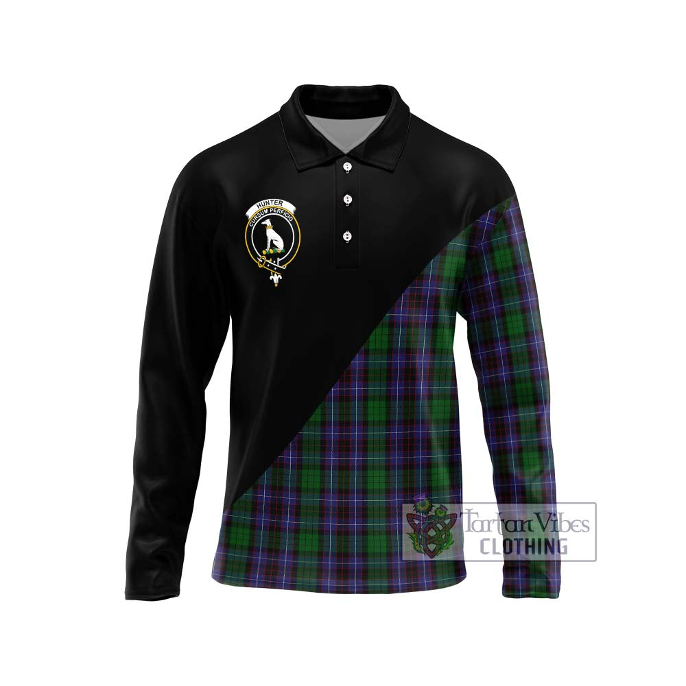 Hunter of Peebleshire Tartan Long Sleeve Polo Shirt with Family Crest and Military Logo Style Unisex - Tartanvibesclothing Shop