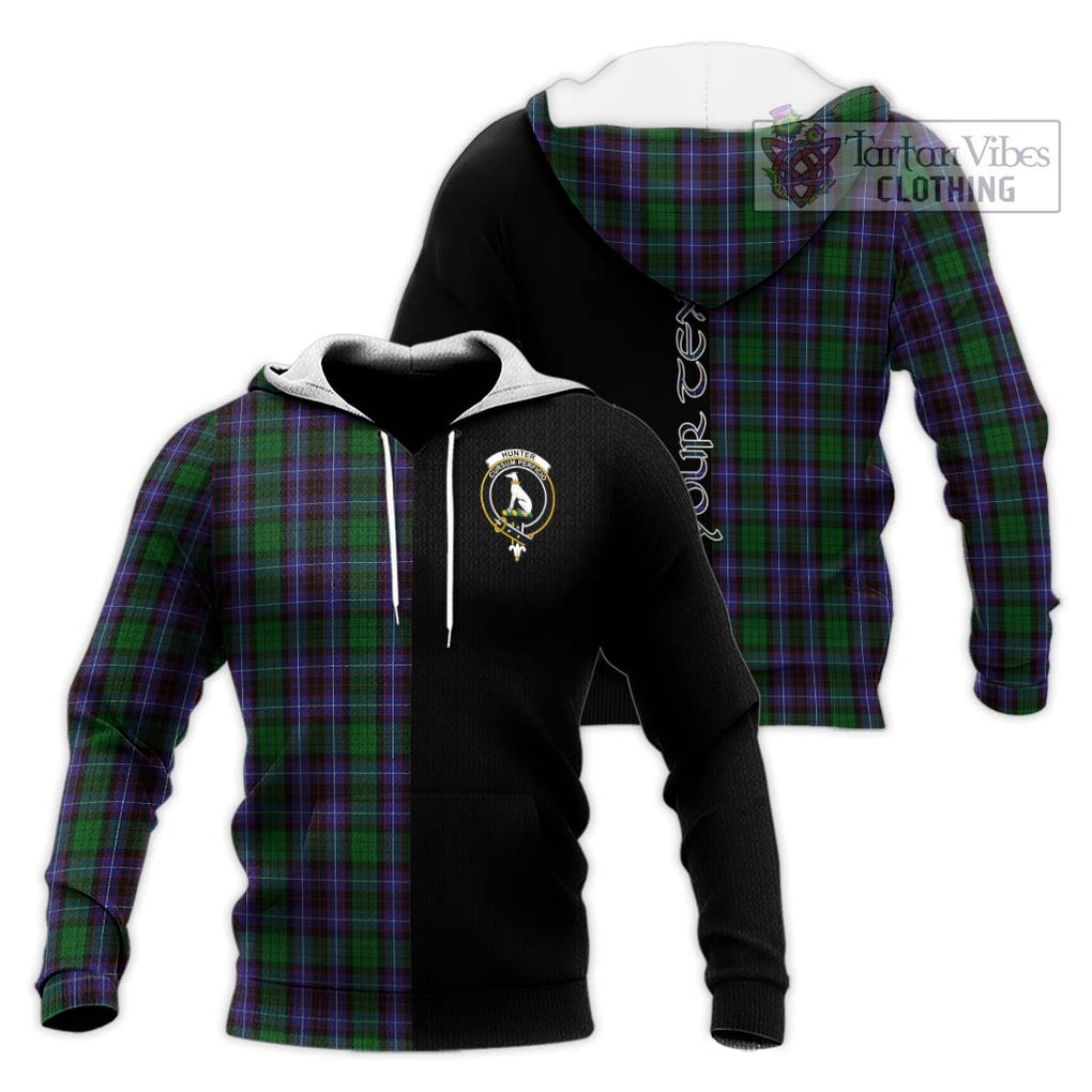 Hunter of Peebleshire Tartan Knitted Hoodie with Family Crest and Half Of Me Style Unisex Knitted Pullover Hoodie - Tartanvibesclothing Shop