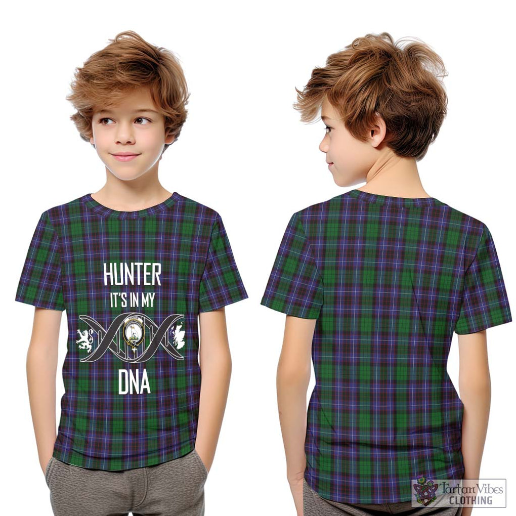 Hunter of Peebleshire Tartan Kid T-Shirt with Family Crest DNA In Me Style Youth XL Size14 - Tartanvibesclothing Shop