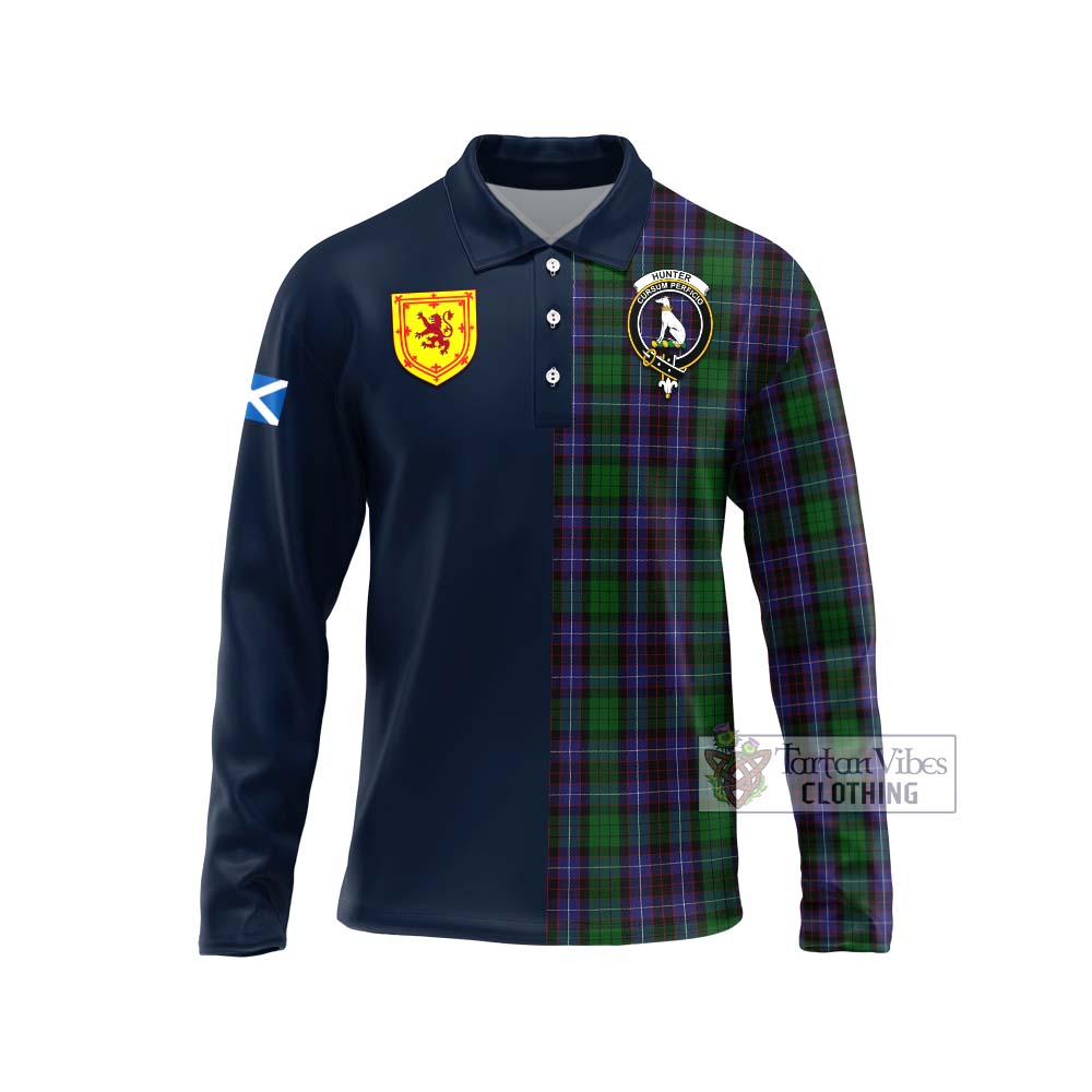 Tartan Vibes Clothing Hunter of Peebleshire Tartan Long Sleeve Polo Shirt with Scottish Lion Royal Arm Half Style