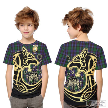 Hunter of Peebleshire Tartan Kid T-Shirt with Family Crest Celtic Wolf Style