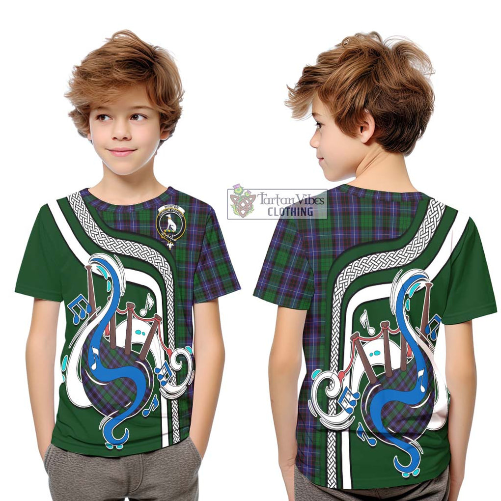 Tartan Vibes Clothing Hunter of Peebleshire Tartan Kid T-Shirt with Epic Bagpipe Style