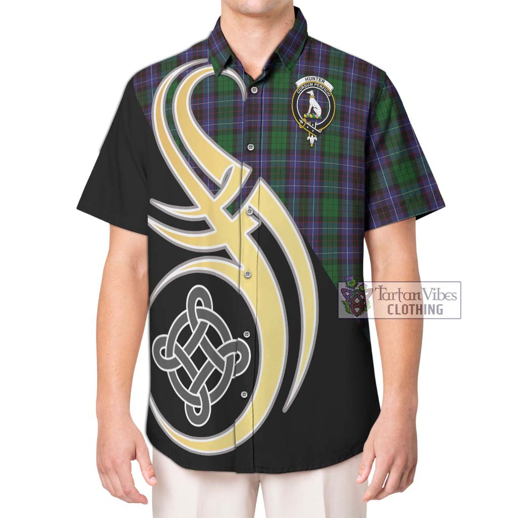 Hunter of Peebleshire Tartan Short Sleeve Button Shirt with Family Crest and Celtic Symbol Style Kid - Tartan Vibes Clothing