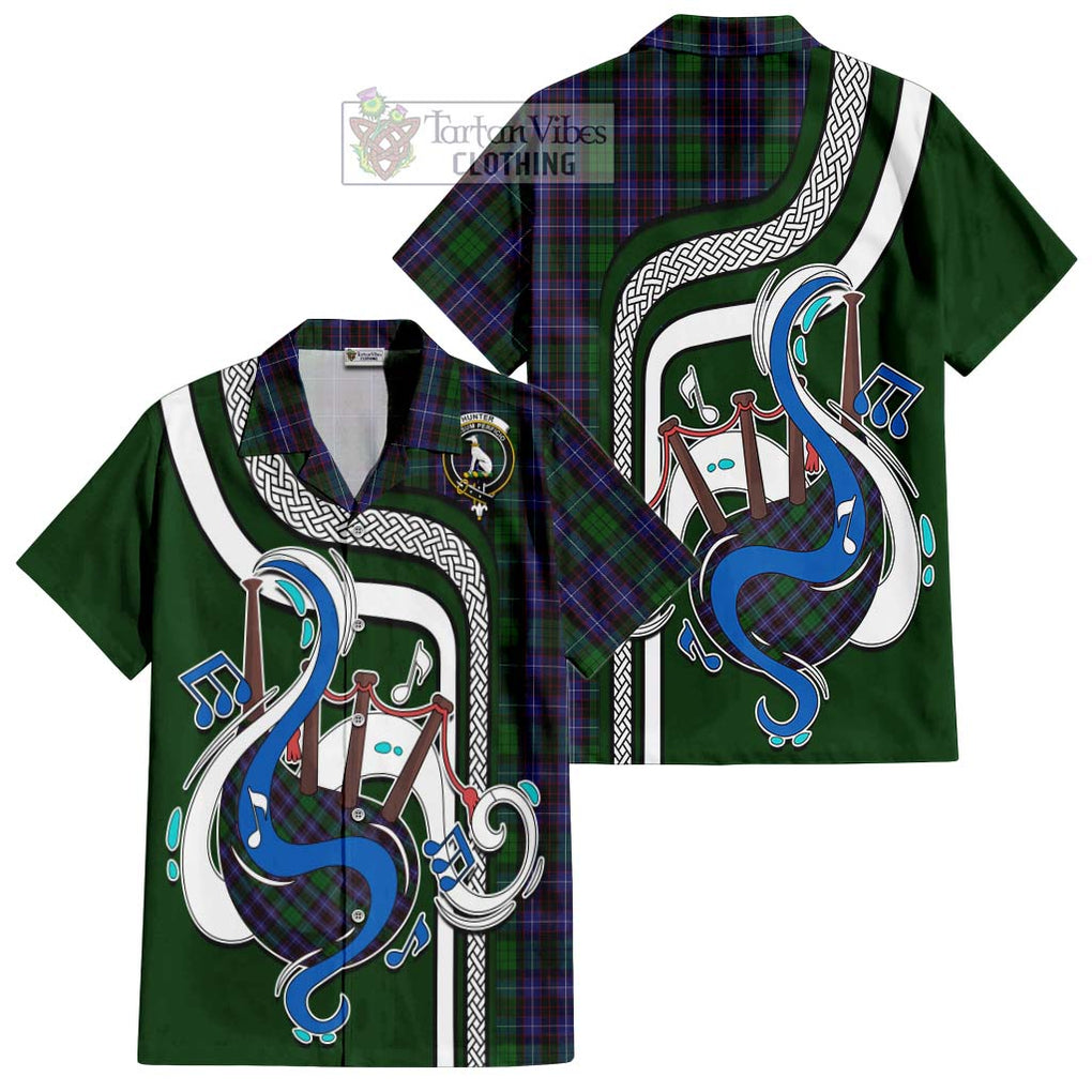 Hunter of Peebleshire Tartan Short Sleeve Button Shirt with Epic Bagpipe Style Kid - Tartanvibesclothing Shop