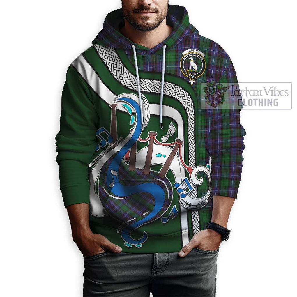 Hunter of Peebleshire Tartan Hoodie with Epic Bagpipe Style Zip Hoodie - Tartanvibesclothing Shop