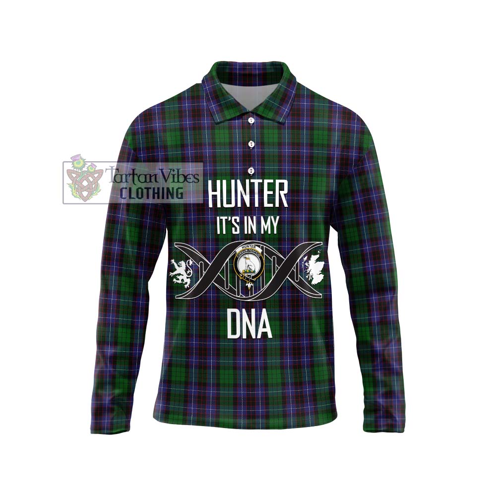 Hunter of Peebleshire Tartan Long Sleeve Polo Shirt with Family Crest DNA In Me Style Unisex - Tartanvibesclothing Shop