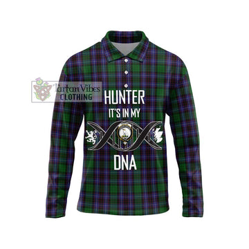 Hunter of Peebleshire Tartan Long Sleeve Polo Shirt with Family Crest DNA In Me Style