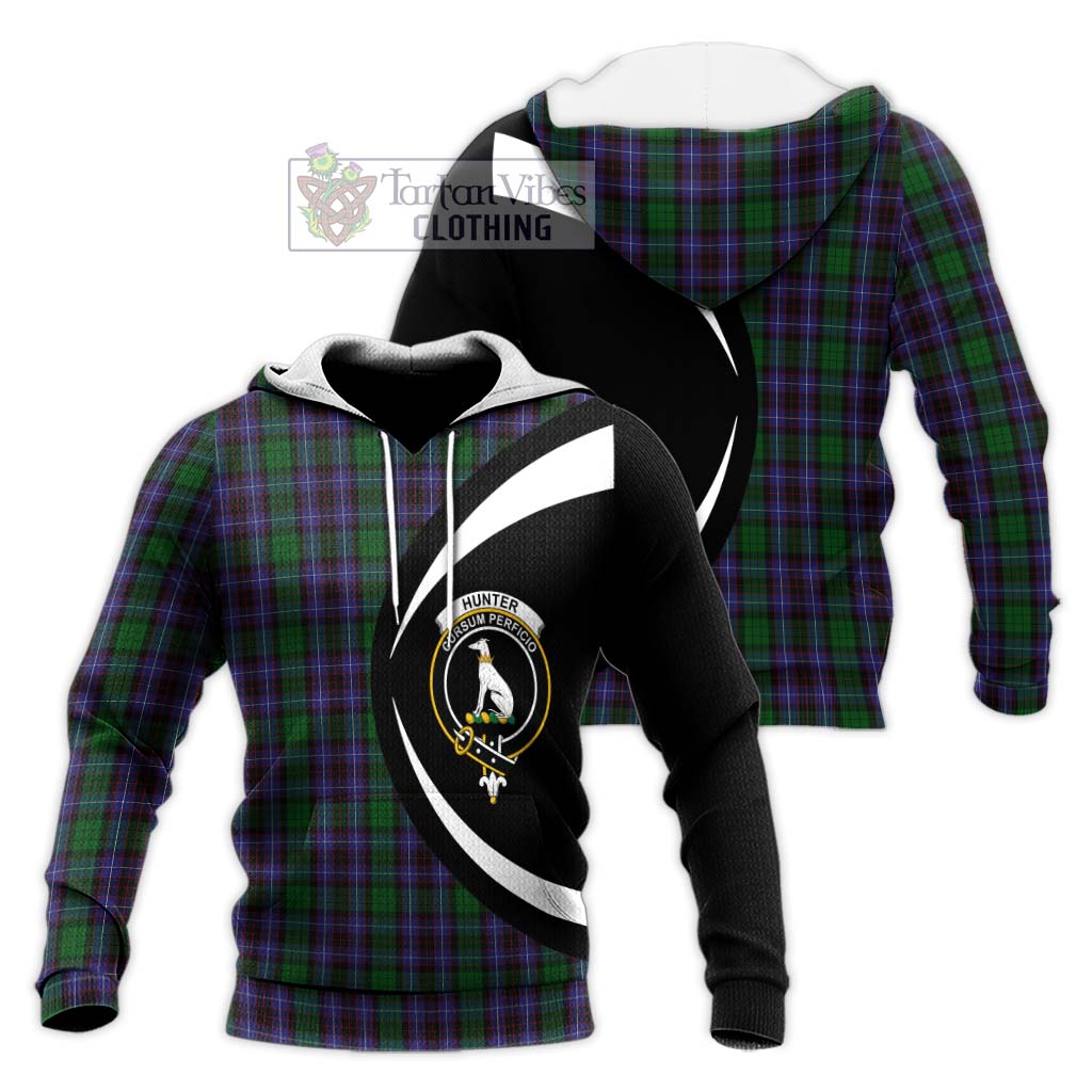 Hunter of Peebleshire Tartan Knitted Hoodie with Family Crest Circle Style Unisex Knitted Pullover Hoodie - Tartan Vibes Clothing