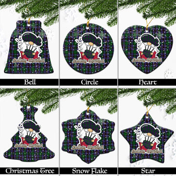 Hunter of Peebleshire Tartan Christmas Ceramic Ornaments with Scottish Gnome Playing Bagpipes