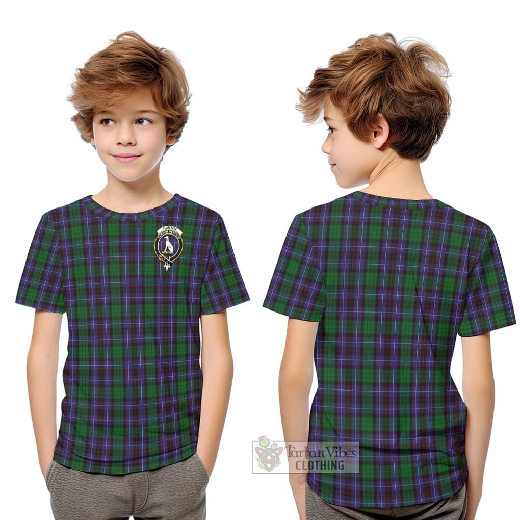 Hunter of Peebleshire Tartan Kid T-Shirt with Family Crest Youth XL Size14 - Tartanvibesclothing Shop