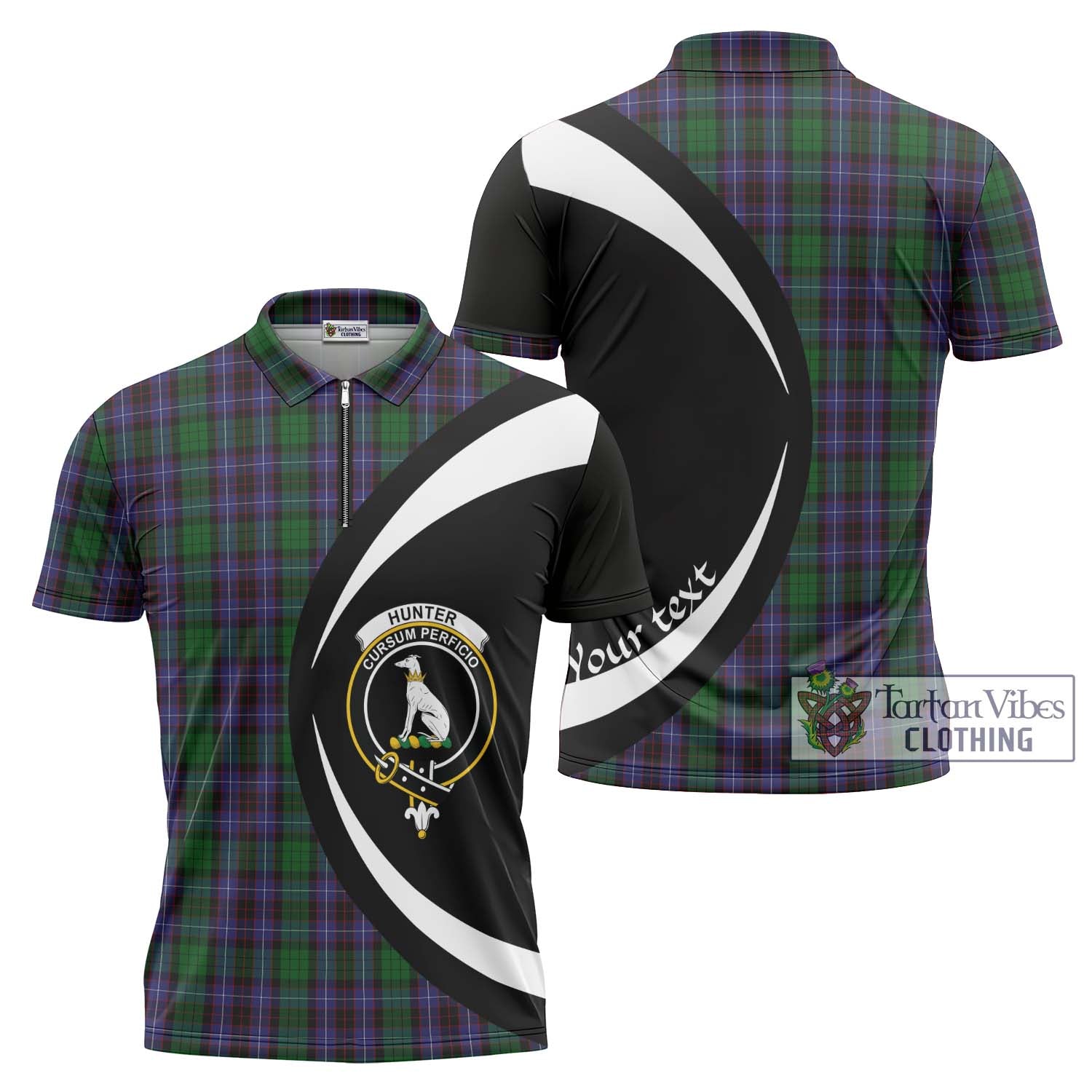 Tartan Vibes Clothing Hunter of Peebleshire Tartan Zipper Polo Shirt with Family Crest Circle Style