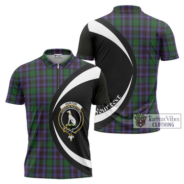 Hunter of Peebleshire Tartan Zipper Polo Shirt with Family Crest Circle Style