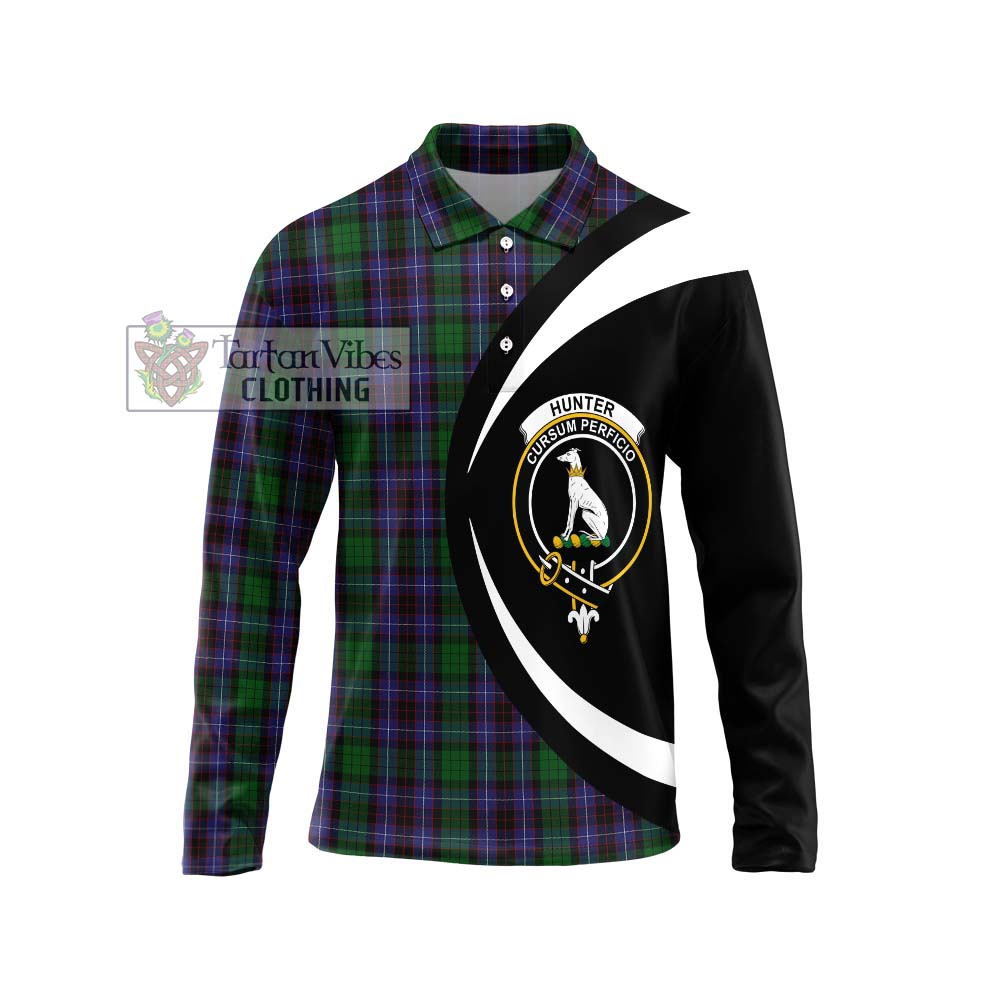 Hunter of Peebleshire Tartan Long Sleeve Polo Shirt with Family Crest Circle Style Unisex - Tartan Vibes Clothing