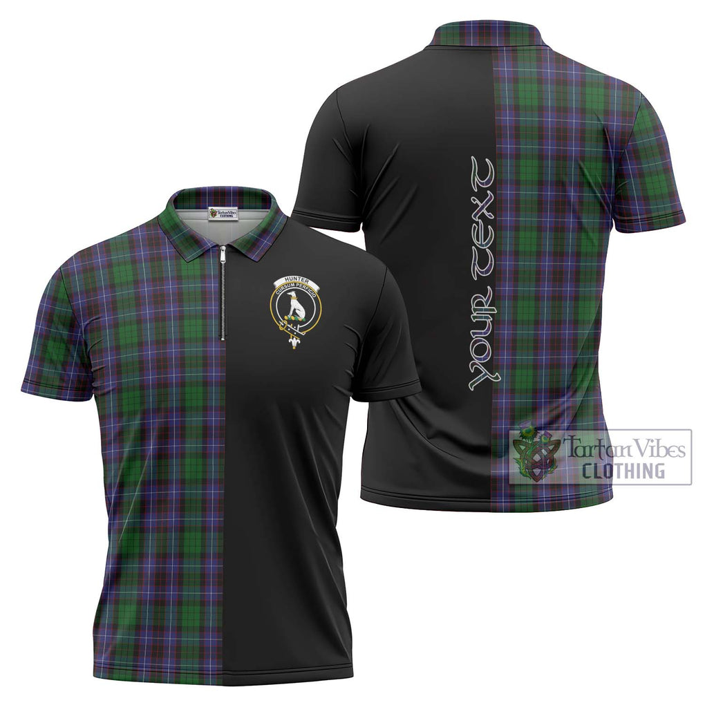 Hunter of Peebleshire Tartan Zipper Polo Shirt with Family Crest and Half Of Me Style Unisex - Tartanvibesclothing Shop