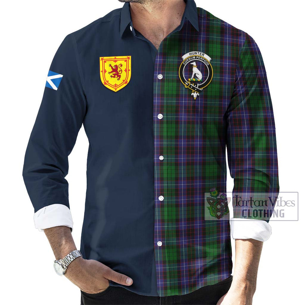 Tartan Vibes Clothing Hunter of Peebleshire Tartan Long Sleeve Button Shirt with Scottish Lion Royal Arm Half Style