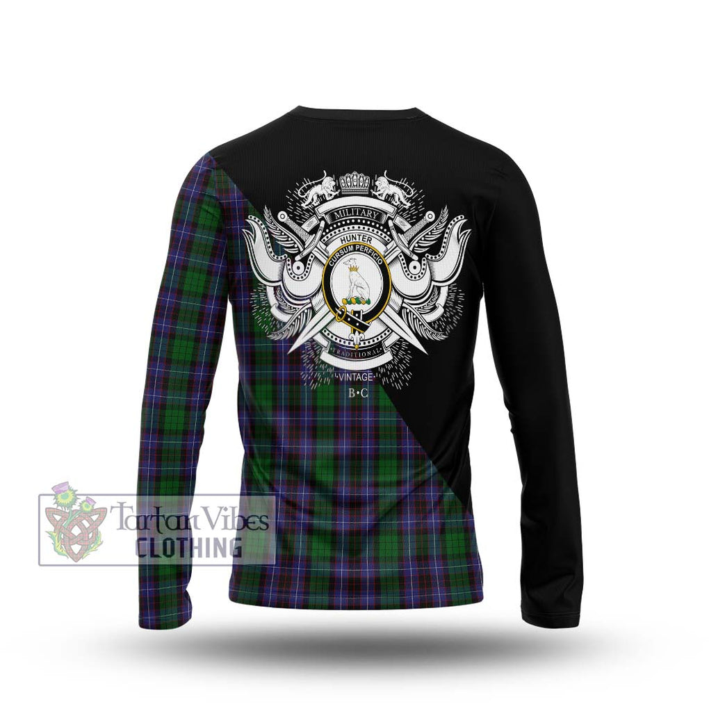 Hunter of Peebleshire Tartan Long Sleeve T-Shirt with Family Crest and Military Logo Style - Tartanvibesclothing Shop