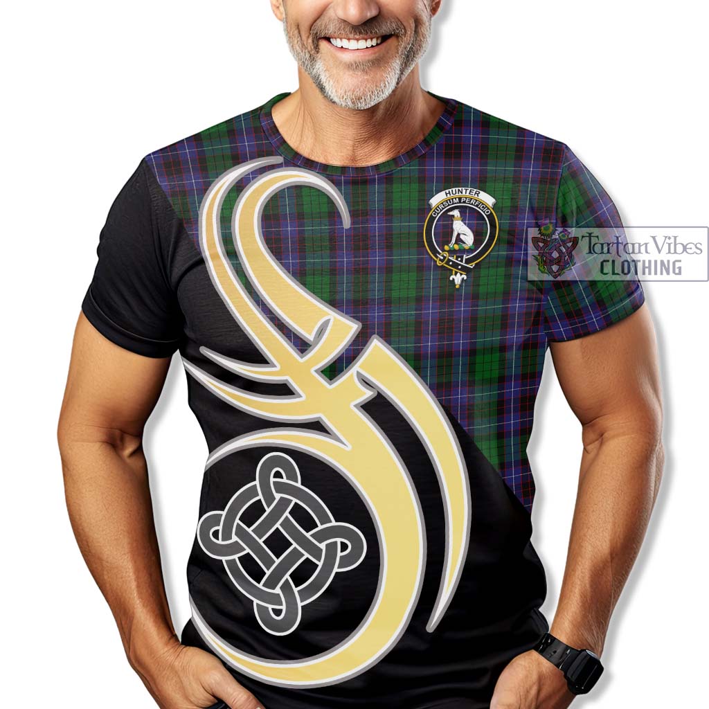 Tartan Vibes Clothing Hunter of Peebleshire Tartan T-Shirt with Family Crest and Celtic Symbol Style