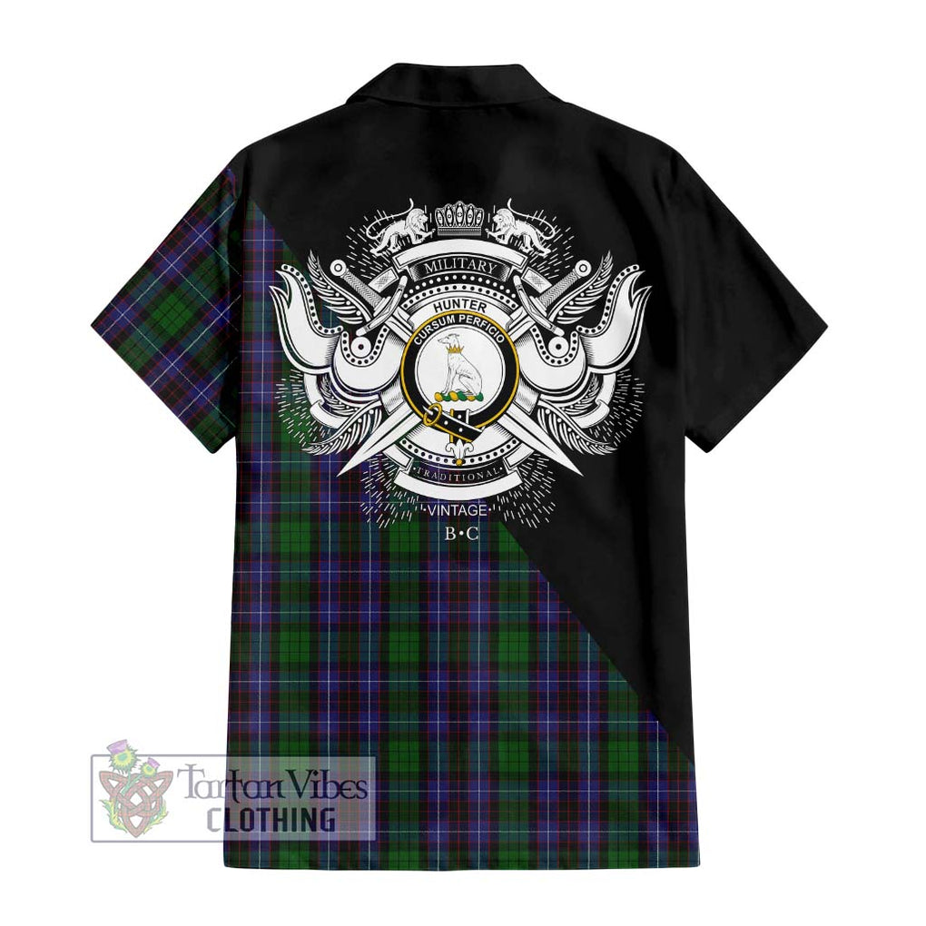 Hunter of Peebleshire Tartan Short Sleeve Button Shirt with Family Crest and Military Logo Style - Tartanvibesclothing Shop