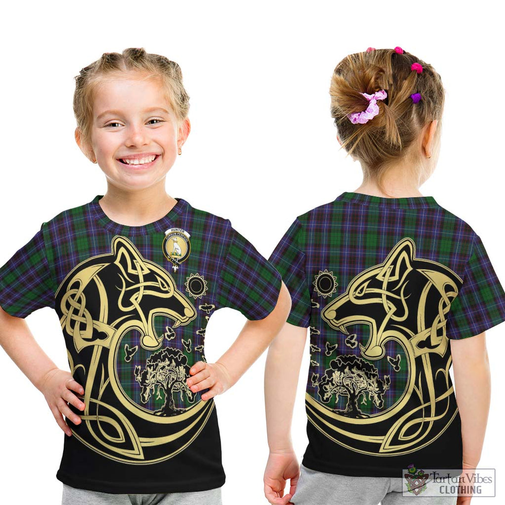 Hunter of Peebleshire Tartan Kid T-Shirt with Family Crest Celtic Wolf Style - Tartan Vibes Clothing