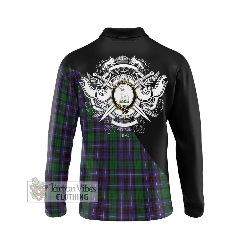 Hunter of Peebleshire Tartan Long Sleeve Polo Shirt with Family Crest and Military Logo Style - Tartanvibesclothing Shop