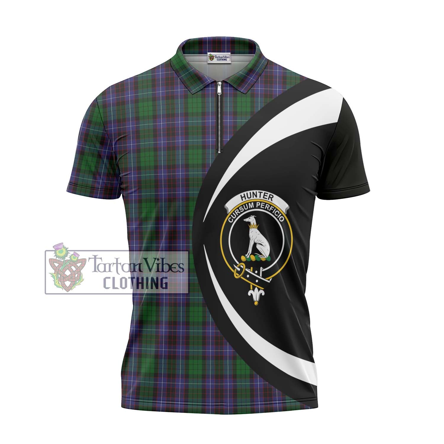 Tartan Vibes Clothing Hunter of Peebleshire Tartan Zipper Polo Shirt with Family Crest Circle Style