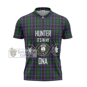 Hunter of Peebleshire Tartan Zipper Polo Shirt with Family Crest DNA In Me Style