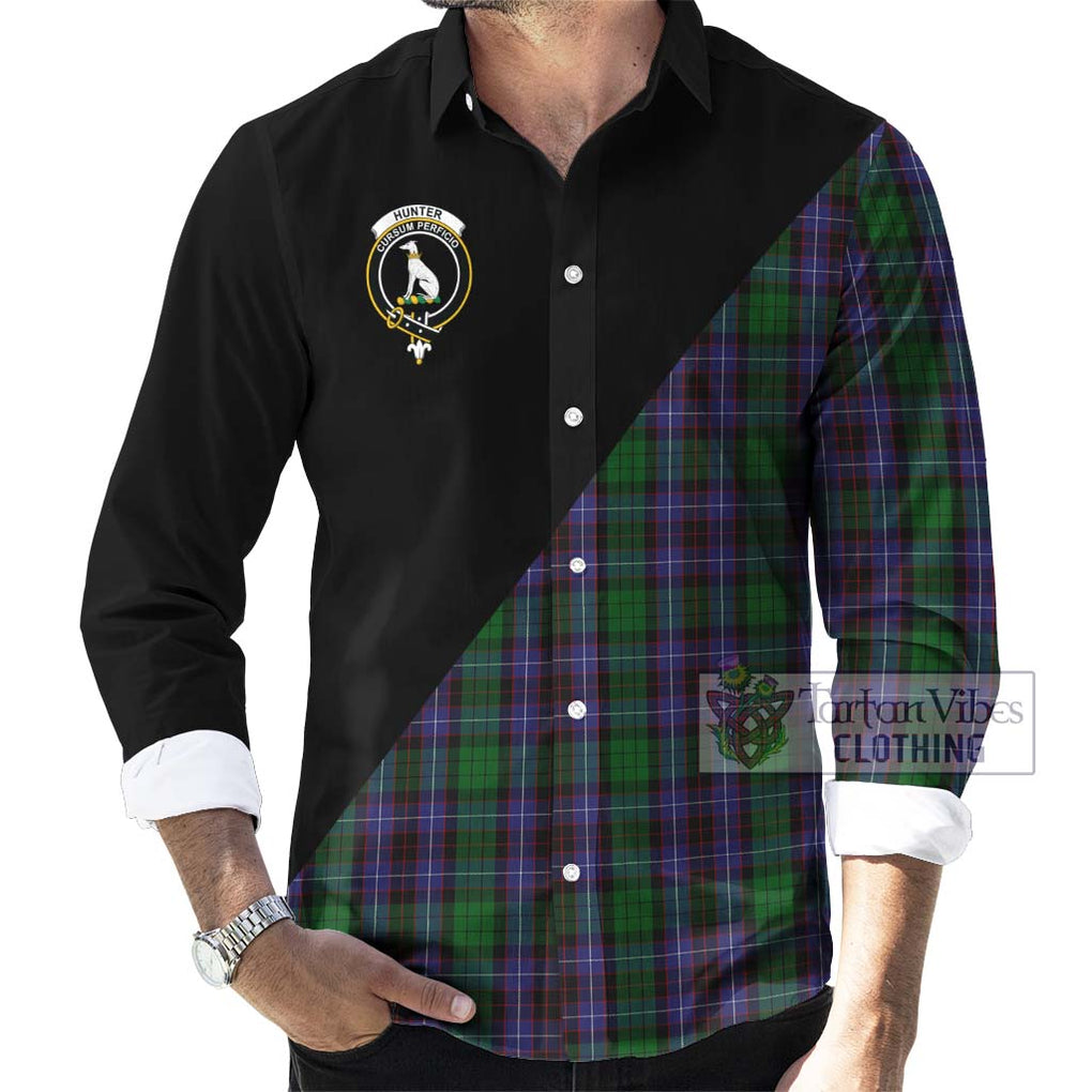 Hunter of Peebleshire Tartan Long Sleeve Button Shirt with Family Crest and Military Logo Style - Tartanvibesclothing Shop