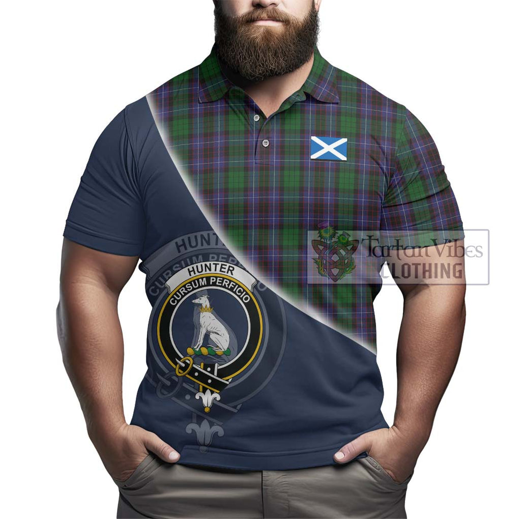 Hunter of Peebleshire Tartan Polo Shirt with Personalised National Flag and Family Crest Half Style - Tartanvibesclothing Shop