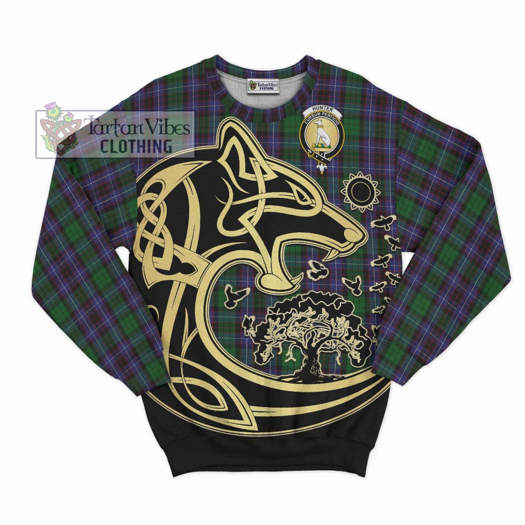 Hunter of Peebleshire Tartan Sweatshirt with Family Crest Celtic Wolf Style - Tartan Vibes Clothing