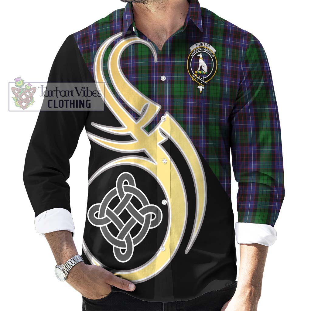 Hunter of Peebleshire Tartan Long Sleeve Button Shirt with Family Crest and Celtic Symbol Style - Tartan Vibes Clothing