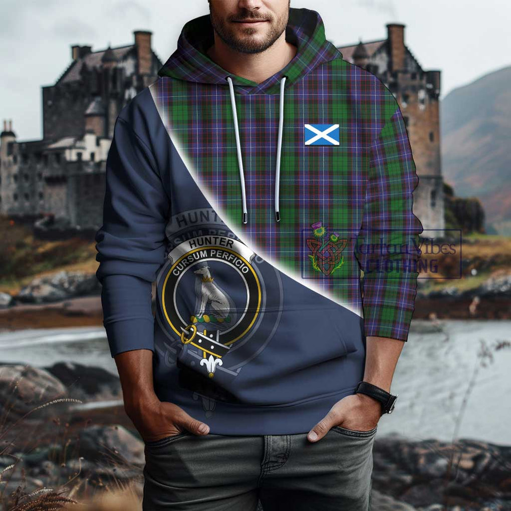 Hunter of Peebleshire Tartan Hoodie with Personalised National Flag and Family Crest Half Style - Tartanvibesclothing Shop