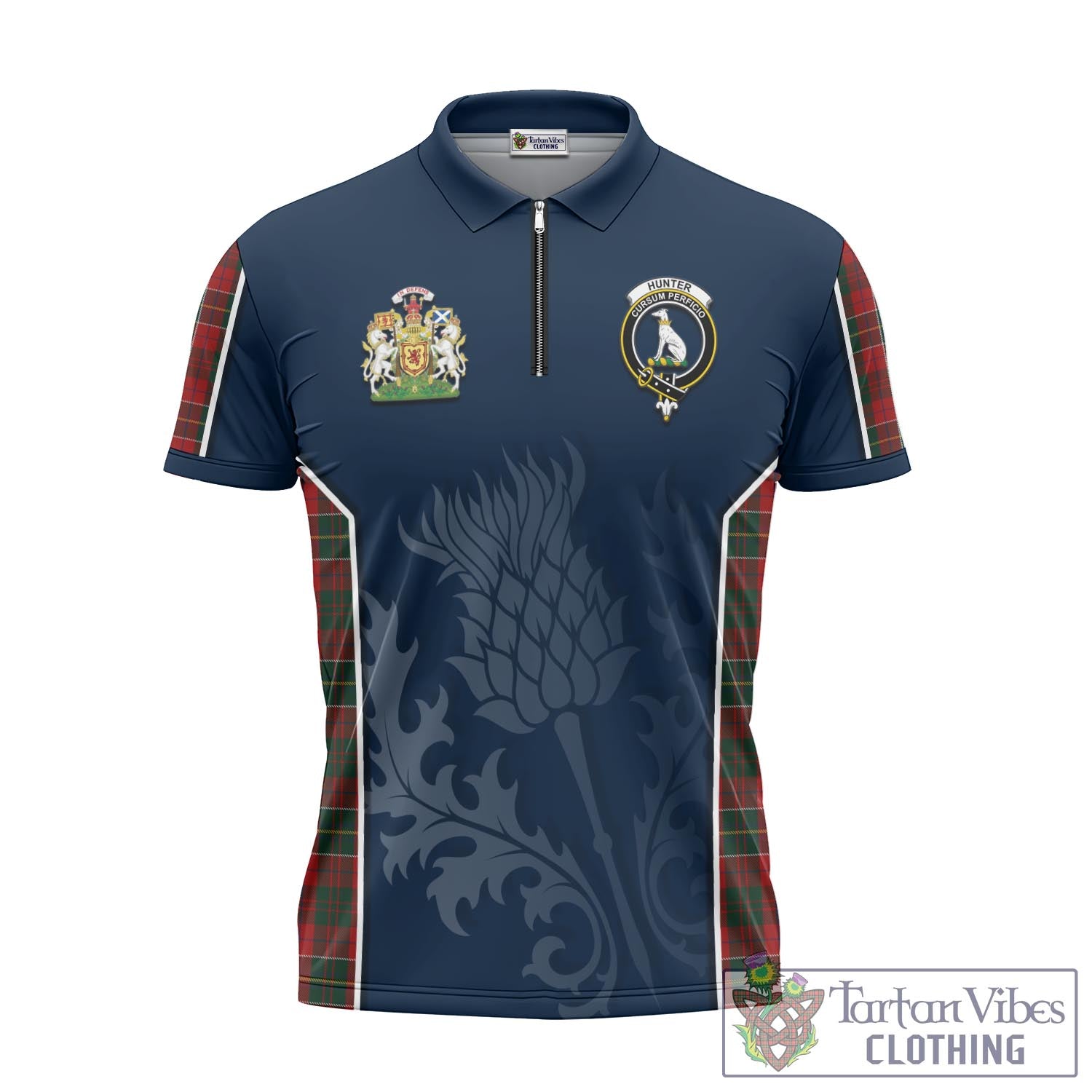 Tartan Vibes Clothing Hunter USA Tartan Zipper Polo Shirt with Family Crest and Scottish Thistle Vibes Sport Style