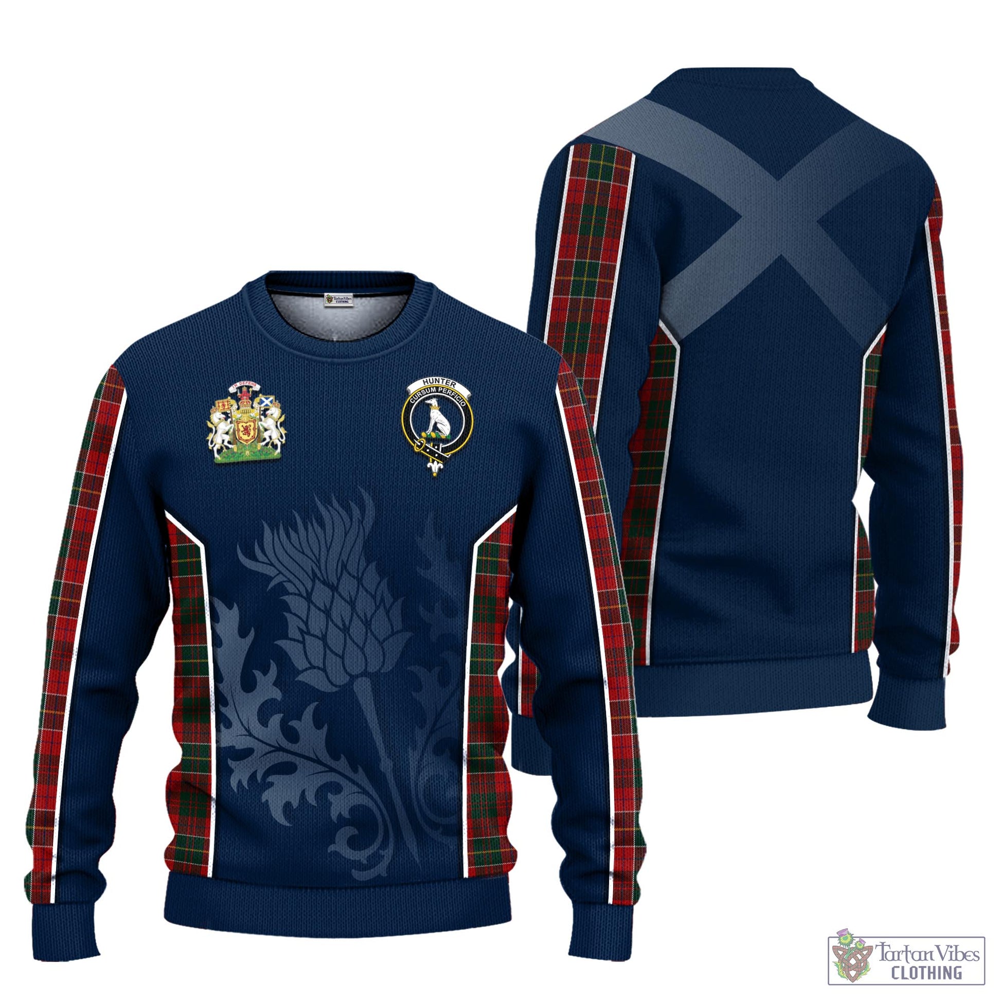 Tartan Vibes Clothing Hunter USA Tartan Knitted Sweatshirt with Family Crest and Scottish Thistle Vibes Sport Style