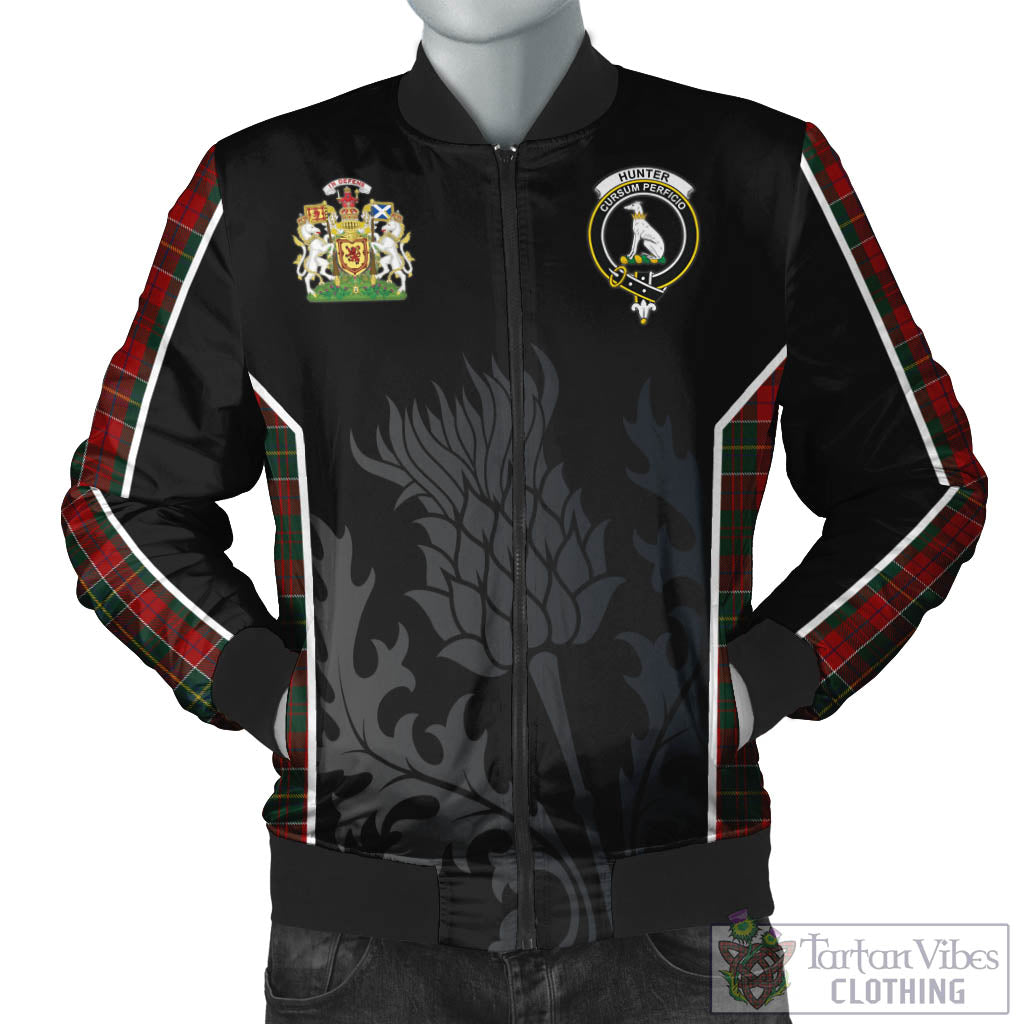 Tartan Vibes Clothing Hunter USA Tartan Bomber Jacket with Family Crest and Scottish Thistle Vibes Sport Style