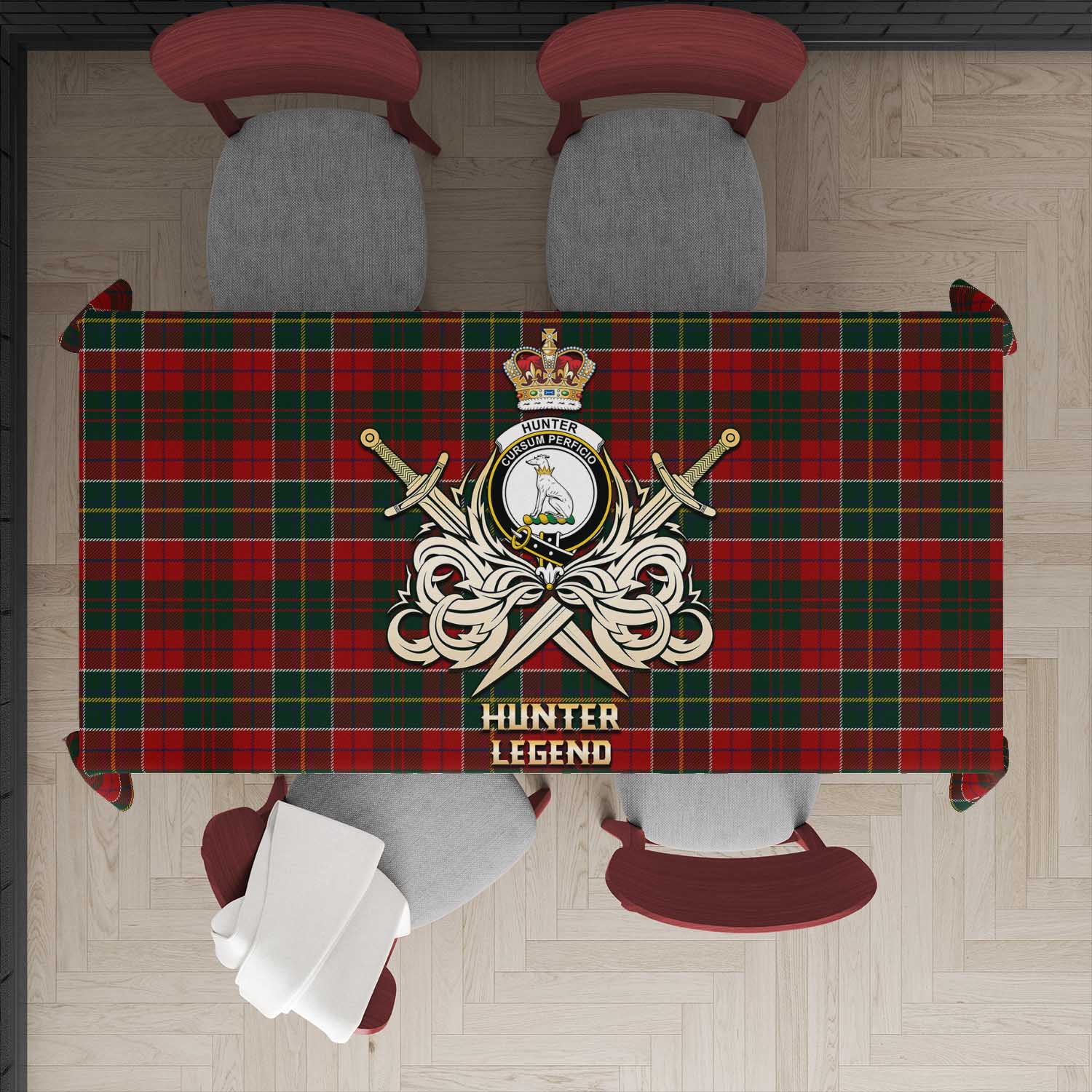 Tartan Vibes Clothing Hunter USA Tartan Tablecloth with Clan Crest and the Golden Sword of Courageous Legacy