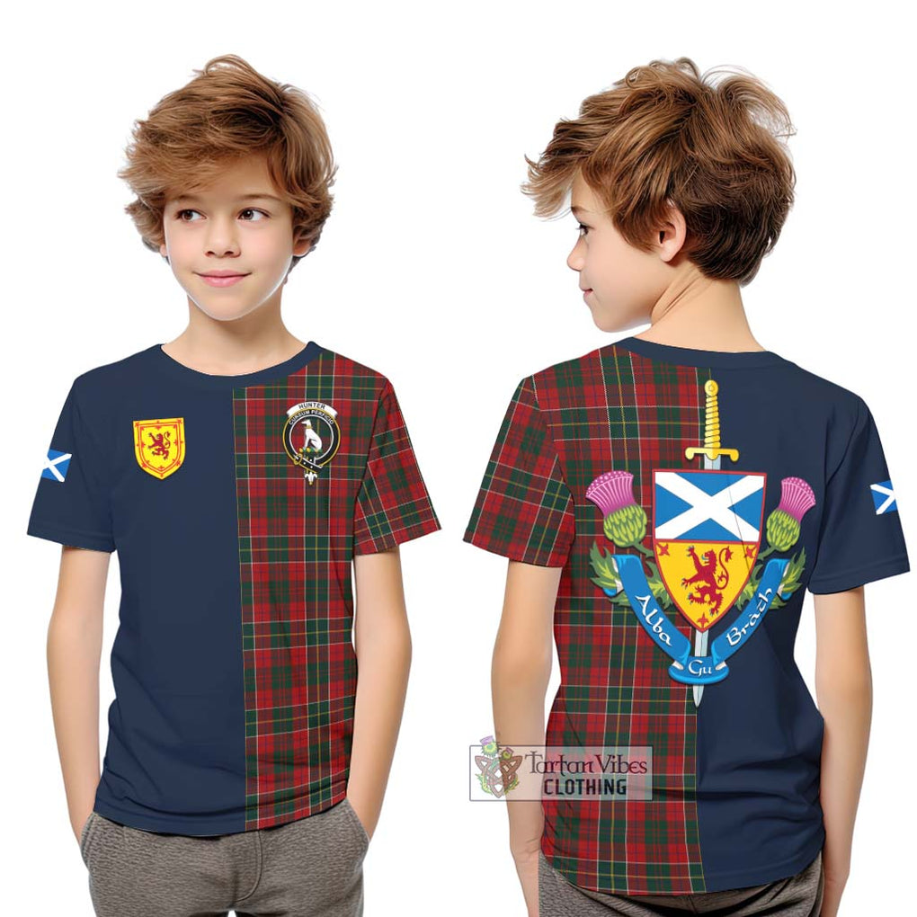 Tartan Vibes Clothing Hunter USA Tartan Kid T-Shirt with Scottish Lion Royal Arm Half Style