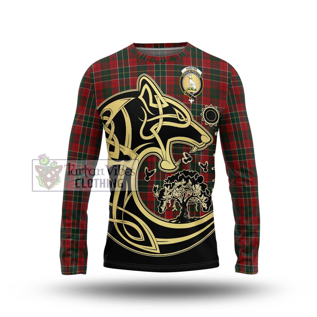 Hunter USA Tartan Long Sleeve T-Shirt with Family Crest Celtic Wolf Style Unisex - Tartan Vibes Clothing